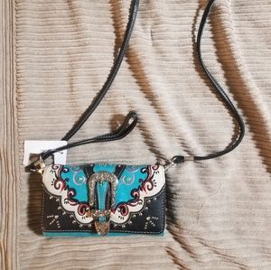Western Turquoise Rhinestone Wallet Clutch Purse